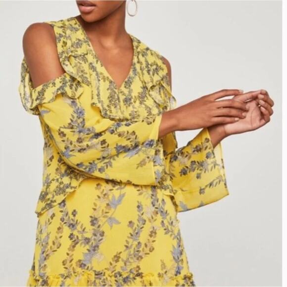 BCBGMaxAzria Dress Womens X Small Marigold Yellow Blue Floral Cold Shoulder Mini - Picture 4 of 12